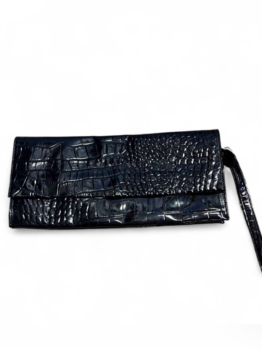 Franchi Black Patent Leather Croc Embossed Large Clutch Wristlet Evening Bag